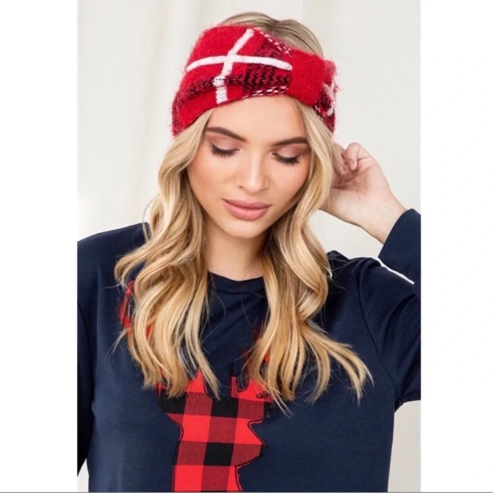 New Red Plaid Women's Head Warmer Ear Warmer Fuzzy Fall Winter Head Wrap